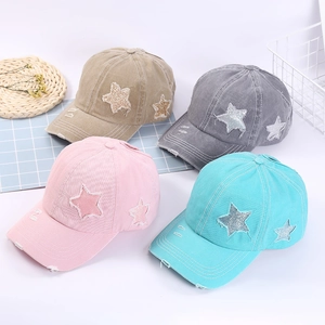 Vintage cotton baseball caps with distressed star patch in khaki, grey, pink and blue colors