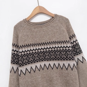 Men's camel Fair Isle knit sweater with geometric jacquard patterns and crew neck