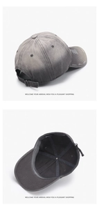 Macro view of distressed washed grey baseball cap with metal buckle and inner stitching