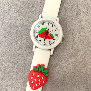 Cute children's white silicone watch with 3D strawberry designs and round dial