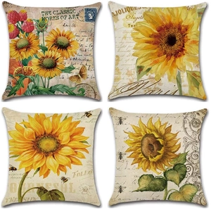 Set of 4 vintage linen pillow covers with sunflower, bee and strawberry garden patterns