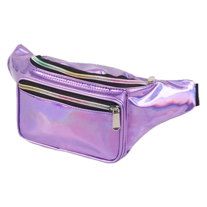 Holographic purple laser waist bag with metallic finish and silver zippers for women