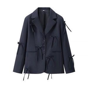 Navy blue casual blazer with decorative bow ribbons and single-breasted buttons