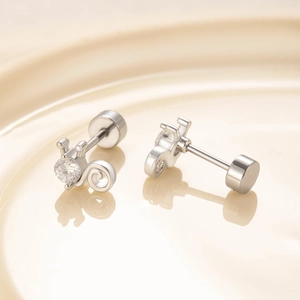 Elegant silver cat crown screw back stud earrings with sparkling round clear gemstones