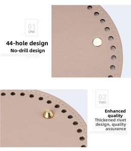 Detail of 15cm round PU leather bag base with 44 pre-punched holes and metal rivets