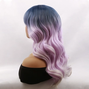 Long wavy synthetic hair wig with purple gradient color for women in a sleek style