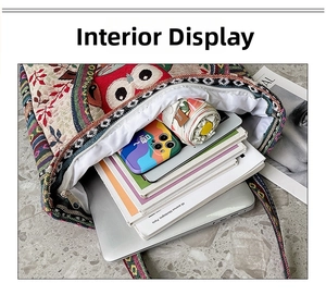 Interior view showing the large capacity of the owl tote bag with books and laptop