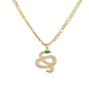 18K gold plated snake pendant necklace with green gemstone and sparkling crystals