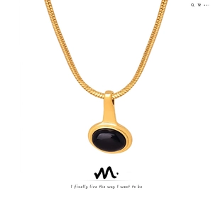 French Retro Titanium Steel Gold Plated Oval Glass Bead Pendant Necklace For Women Snake Chain Fashion Jewelry