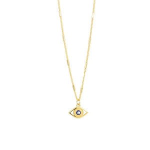 Close-up of gold evil eye pendant with blue enamel and cylindrical chain accents