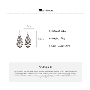 Detailed view of bohemian vintage hollow floral teardrop tassel earrings with dimensions