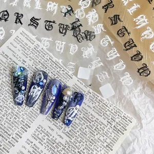 Gothic English letter nail art stickers in black and white for 3D embossed DIY manicure