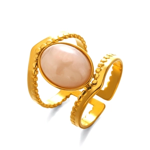 18K gold plated adjustable ring with oval pink stone and beaded edge detailing