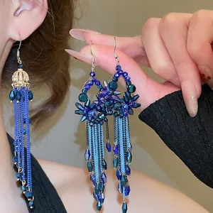 Vintage Long Tassel Earrings Alloy Rhinestone Blue Crystal Flower Drop Dangle For Women Bohemian Luxurious Jewelry