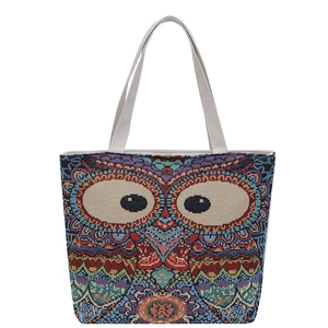 Ethnic owl pattern canvas tote bag with bohemian embroidery and large capacity