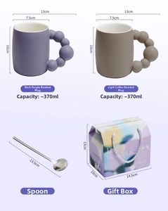 Detail of 370ml ceramic mugs with beaded handles and floral gift box set packaging