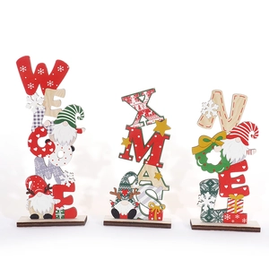 Three-piece Christmas wooden gnome table ornaments with Welcome, Xmas, and Noel lettering
