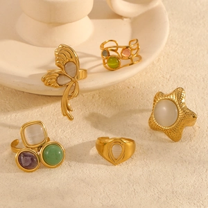 French vintage gold stainless steel rings set with cat's eye and natural stones