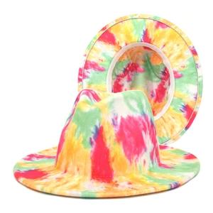 Vibrant tie-dye wide-brim fedora hat with colorful pink yellow and green felt patterns