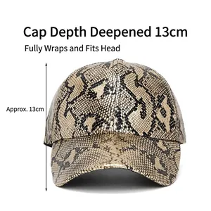 Deep crown snake skin textured baseball cap in black and gold faux leather for sun protection