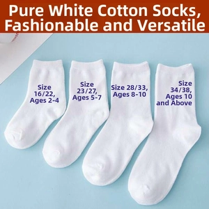 Detailed size chart showing four pairs of white cotton socks for kids aged 2 to 10+