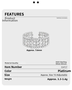Macro detail of S925 sterling silver ring with hollow honeycomb texture and zircon stones