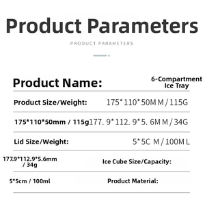 Detailed specifications of 6-grid food-grade platinum silicone ice tray with lid and size info