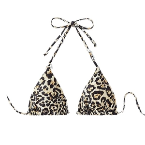 Halter neck leopard print bikini top with adjustable tie-up back and triangle cups