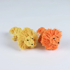 Detail of lion shaped cotton rope dog toys with woven texture for pet dental cleaning