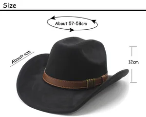 Size guide for black faux suede cowboy hat showing 8.5cm brim and 57-58cm head circumference