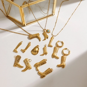 Gold stainless steel cowboy boot and hat necklace set with sparkling crystals