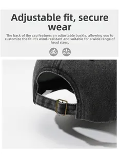 Détail de la boucle métallique et de la sangle réglable d'une casquette en coton délavé