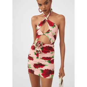 Rose Flower Print Halter Neck Backless Dress With 3D Flower Ruched Bodycon Slim Mini Dress For Women Sexy Summer