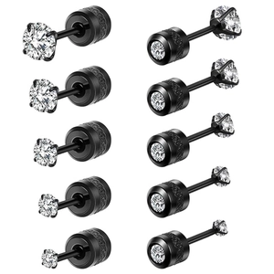 5-pair set of black stainless steel stud earrings with white cubic zirconia in various sizes