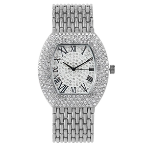 Elegant silver tonneau quartz watch for women featuring rhinestone-encrusted bezel and dial