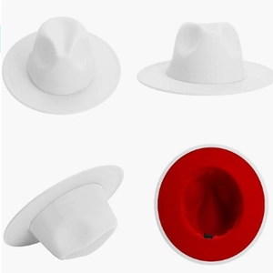 Classic white felt fedora hat with a contrasting red underbrim and flat wide brim
