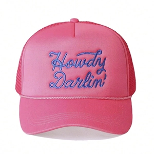Cappellino trucker rosa con ricamo Howdy Darlin' blu e rete traspirante sul retro