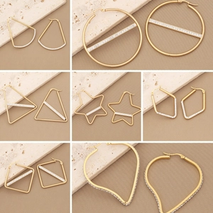 Geometric Hoop Earrings Stainless Steel With Rhinestone Zircon Heart Star Square Round Trendy Style For Women