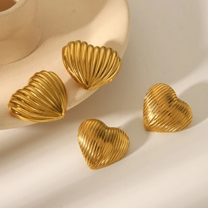18K gold plated heart stud earrings with textured ripple pattern in stainless steel