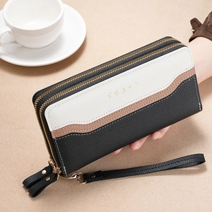 Elegant tri-color long leather wallet for women with wristlet and double zipper design