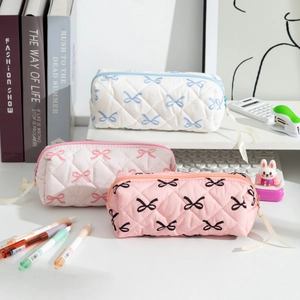 Large Capacity Pencil Case Quilted Cloth Bowknot Print Zipper Stationery Pouch Desktop Organizer Aesthetic INS Style Girls