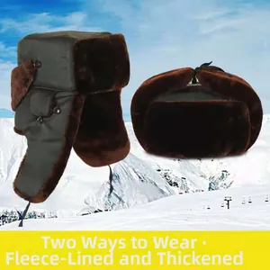 Mens thick winter earflap hat with brown faux leather and warm faux fur lining details