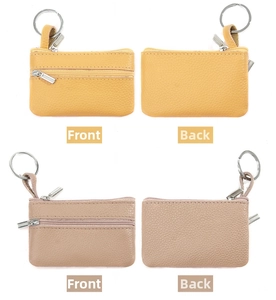 Detailed front and back views of genuine leather coin purses with zipper and keychain