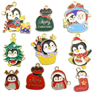 Set of 10 festive enamel penguin charms and Christmas pendants for DIY jewelry and crafts
