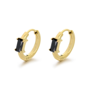 Elegant gold-tone round hoop earrings featuring rectangular black glass stone accents