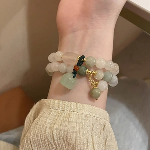 Ethnic lotus seedpod pendant bracelet with light green and white double-layer jade beads