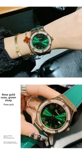 Detail of rose gold watch featuring a green sunray dial and zircon encrusted bezel