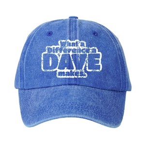 Washed denim baseball cap in blue-purple with retro white printed letters and curved brim