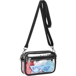 Detail showing transparent PVC crossbody bag capacity with sunglasses and sunscreen