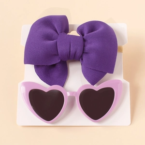 Purple soft nylon bow headband and matching heart-shaped sunglasses set for babies